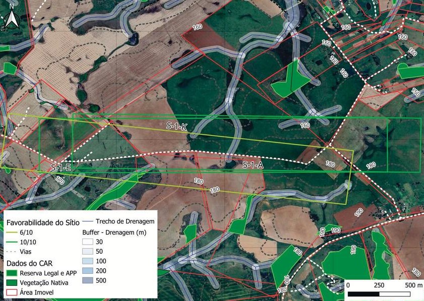 Mapa técnico dos sítios S-1-A, S-1-E e S-1-K
