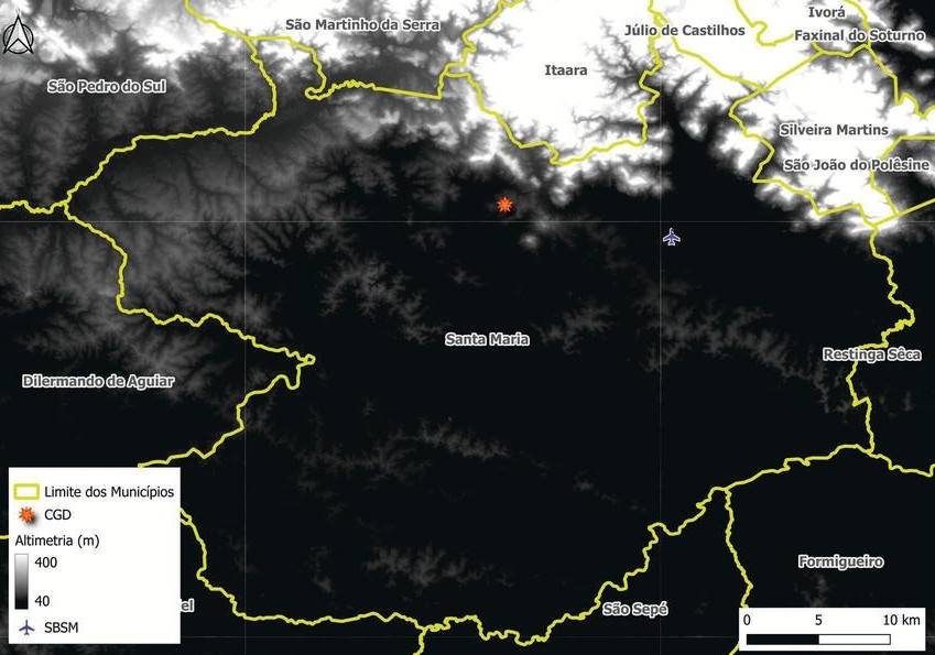 Mapa de relevo (altimetria) da região de Santa Maria com os municípios
