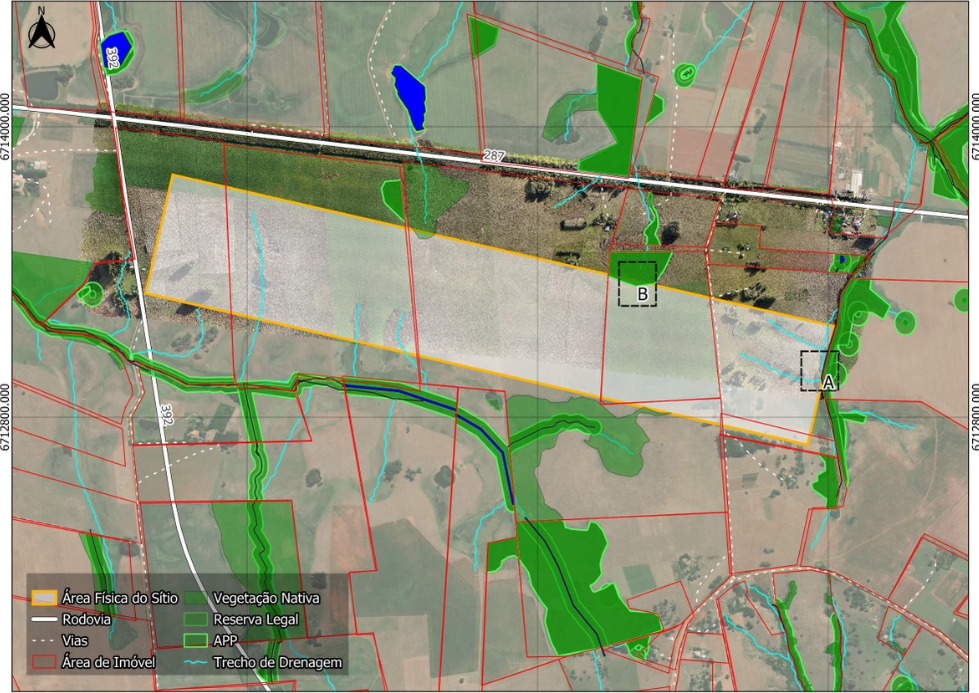 Mapa de condicionantes ambientais do sítio S-1-B: rodovia BR-287, drenagens, vegetação e APP